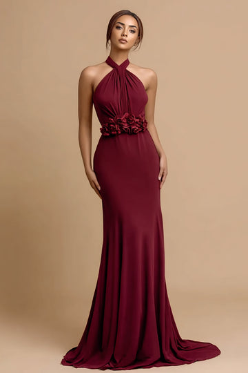 Halter Mermaid Burgundy Evening Dress with 3D Flowers